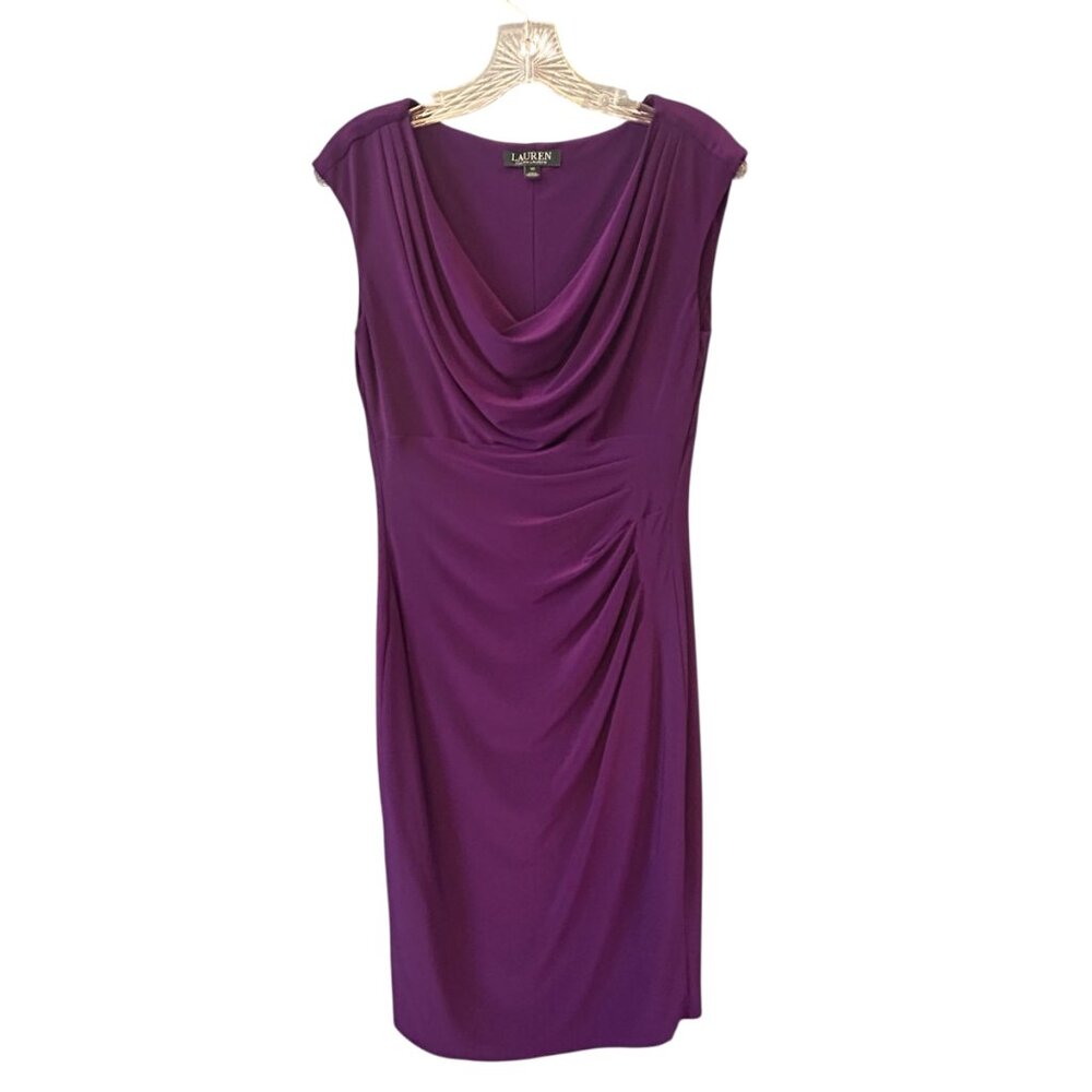 Lauren Ralph Lauren Purple Ruched Sheath Dress Size 10 Cowl Neck Cocktail Midi - Picture 3 of 7